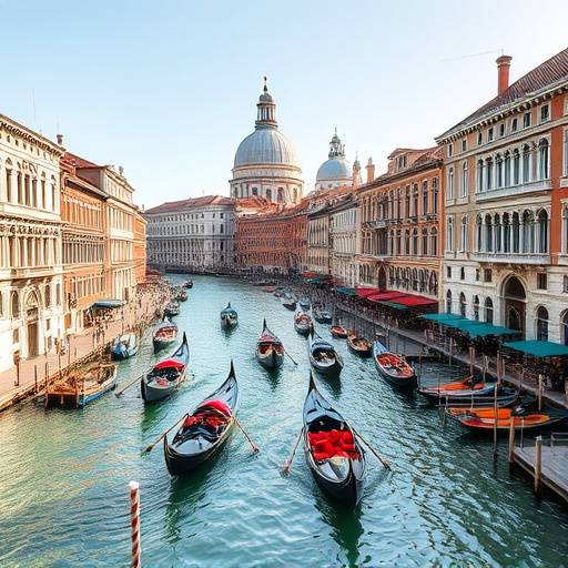 Gondole che navigano lungo il Canal Grande di Venezia, con palazzi storici sullo sfondo