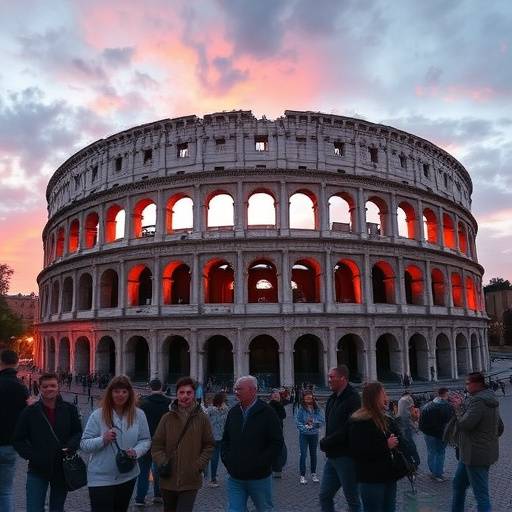 Il Colosseo di Roma illuminato al tramonto, con turisti che lo visitano