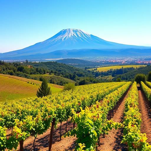 Paesaggio della Sicilia con l'Etna fumante sullo sfondo e un vigneto in primo piano