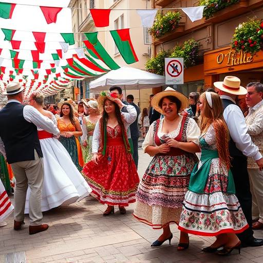 Una festa tradizionale italiana, con persone che ballano e cantano in costume