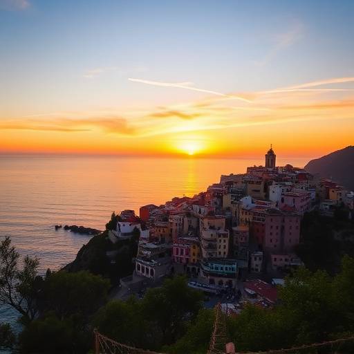 Vista panoramica delle Cinque Terre al tramonto